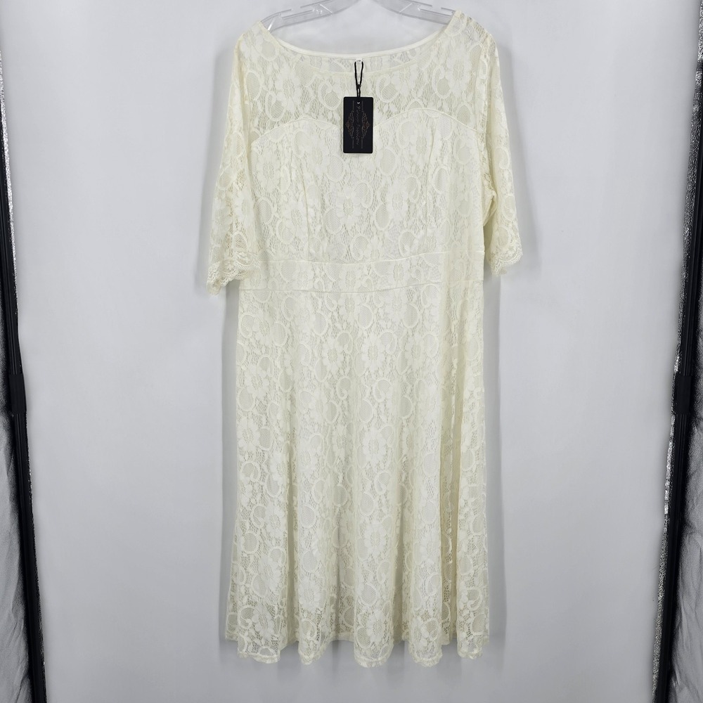 NWT Pinup Fashion Dress Womens 18W Lace Ivory 3/4 Sleeve Side Zip Wedding